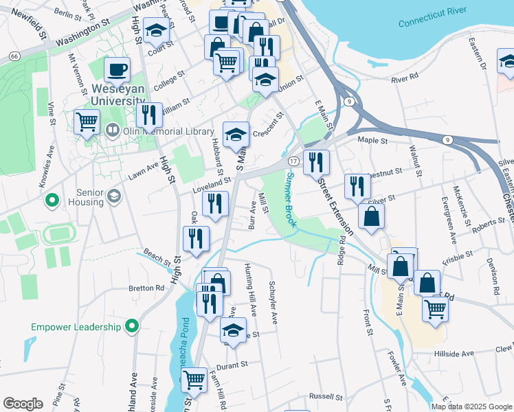 map of restaurants, bars, coffee shops, grocery stores, and more near 24 Burr Avenue in Middletown