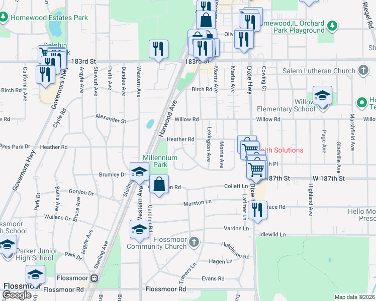 map of restaurants, bars, coffee shops, grocery stores, and more near 18621 Palmer Circle in Homewood