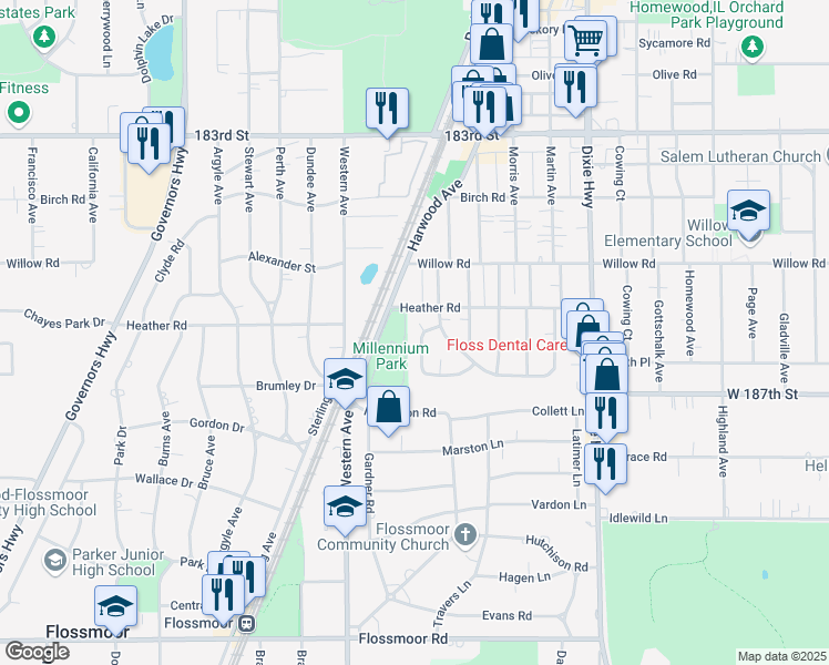 map of restaurants, bars, coffee shops, grocery stores, and more near 18614 Golfview Avenue in Homewood