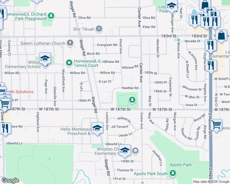 map of restaurants, bars, coffee shops, grocery stores, and more near 1315 Heather Road in Homewood