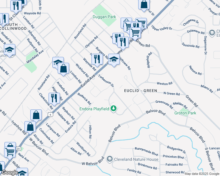 map of restaurants, bars, coffee shops, grocery stores, and more near 17730 Colonial Heights Boulevard in Cleveland