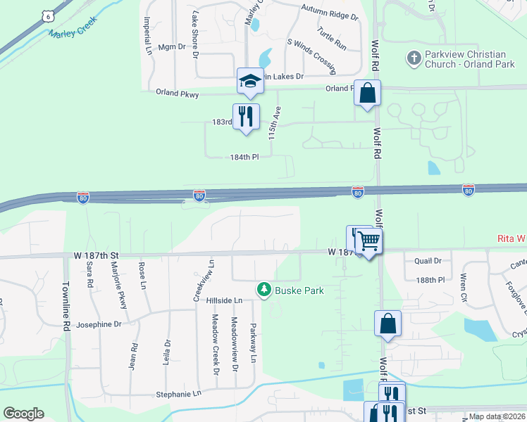 map of restaurants, bars, coffee shops, grocery stores, and more near 11358 Hummingbird Lane in Mokena