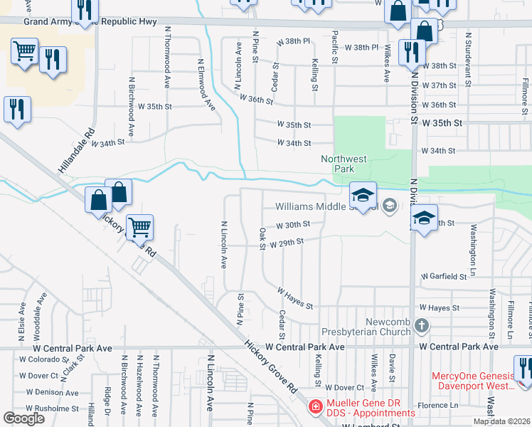 map of restaurants, bars, coffee shops, grocery stores, and more near 2207 West 31st Street in Davenport