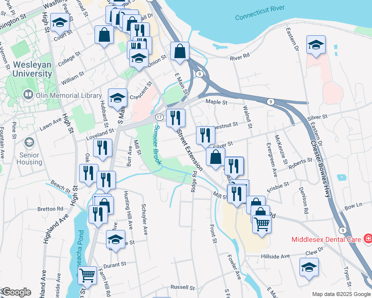 map of restaurants, bars, coffee shops, grocery stores, and more near 45 West Silver Street in Middletown