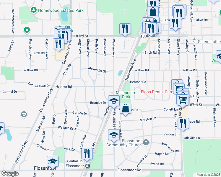 map of restaurants, bars, coffee shops, grocery stores, and more near 2404 Heather Road in Flossmoor