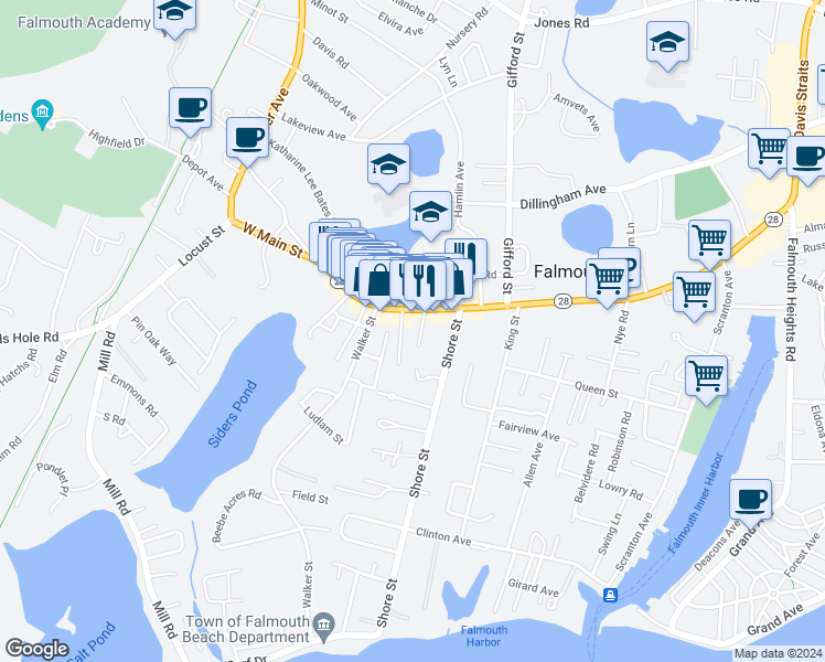 map of restaurants, bars, coffee shops, grocery stores, and more near in Falmouth