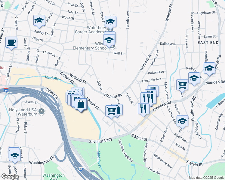 map of restaurants, bars, coffee shops, grocery stores, and more near 36 Farragut Street in Waterbury