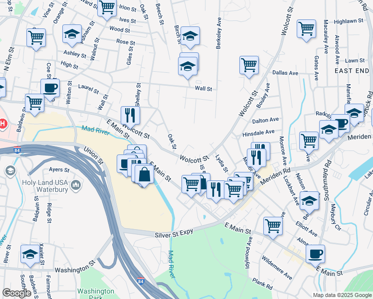 map of restaurants, bars, coffee shops, grocery stores, and more near 36 Farragut Street in Waterbury