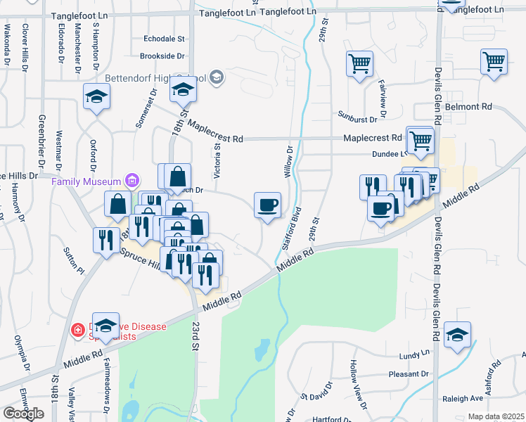 map of restaurants, bars, coffee shops, grocery stores, and more near 2655 Tech Drive in Bettendorf