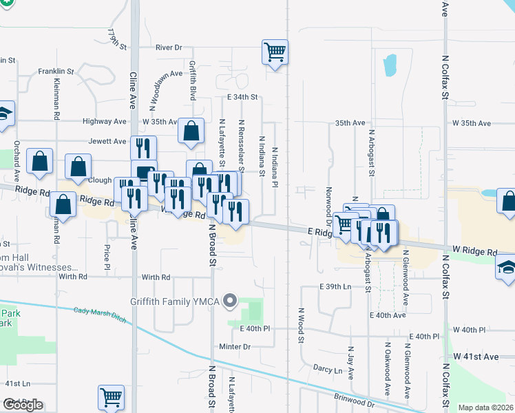 map of restaurants, bars, coffee shops, grocery stores, and more near 1642 North Indiana Street in Griffith