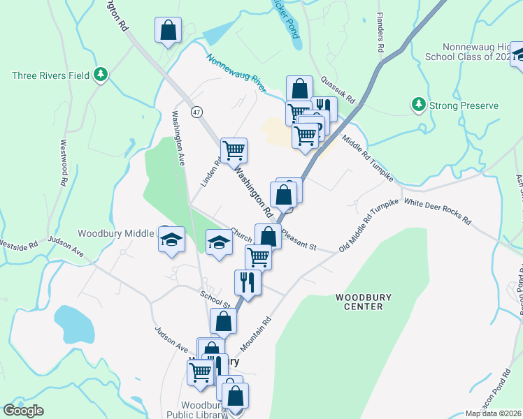 map of restaurants, bars, coffee shops, grocery stores, and more near 13 Washington Road in Woodbury