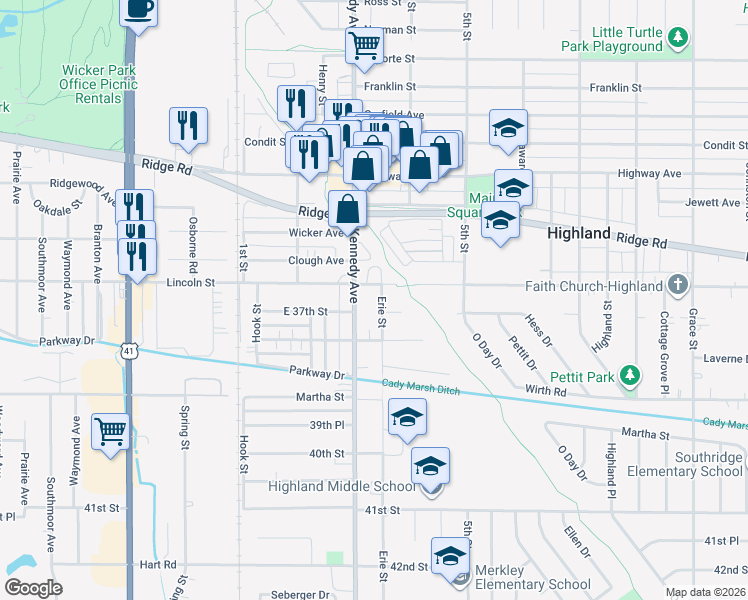 map of restaurants, bars, coffee shops, grocery stores, and more near 8914 Erie Street in Highland