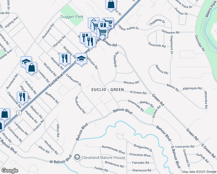 map of restaurants, bars, coffee shops, grocery stores, and more near 1921 North Green Road in Cleveland