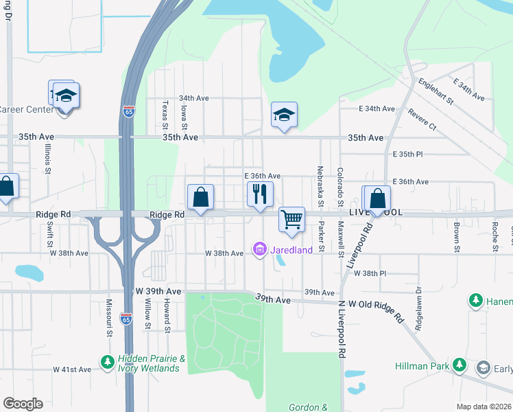 map of restaurants, bars, coffee shops, grocery stores, and more near 2736 East 37th Avenue in Lake Station