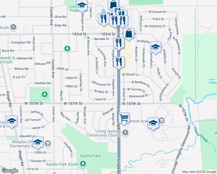 map of restaurants, bars, coffee shops, grocery stores, and more near 1034 Wisconsin Street in Glenwood