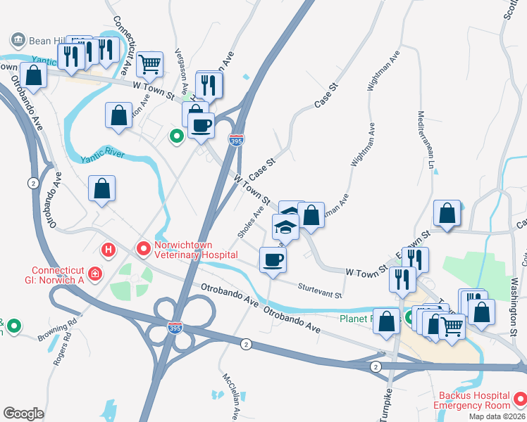 map of restaurants, bars, coffee shops, grocery stores, and more near 10 Sholes Avenue in Norwich