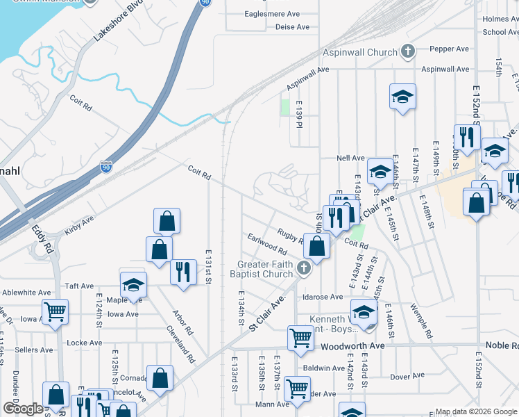 map of restaurants, bars, coffee shops, grocery stores, and more near 13407 Rugby Road in Cleveland