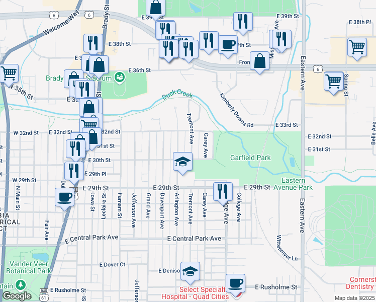 map of restaurants, bars, coffee shops, grocery stores, and more near 3016 Tremont Avenue in Davenport