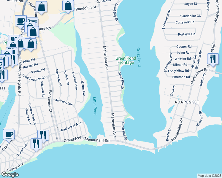 map of restaurants, bars, coffee shops, grocery stores, and more near 324 Maravista Avenue in Falmouth