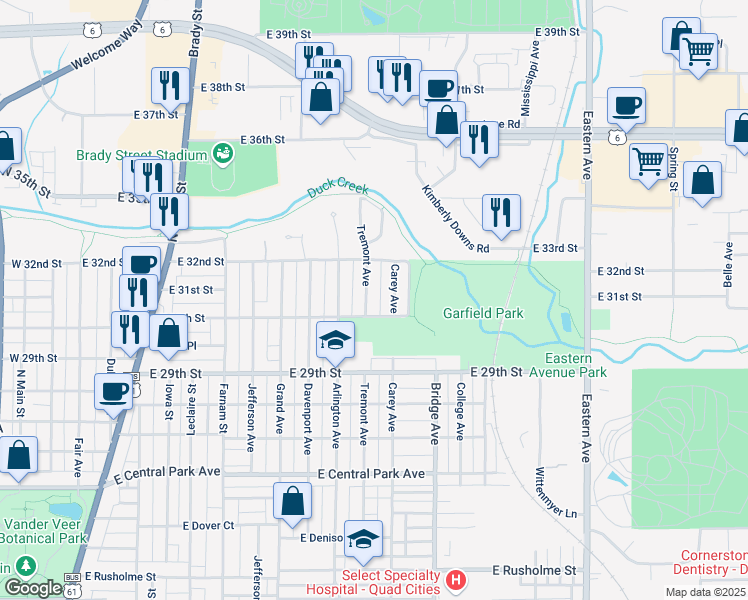map of restaurants, bars, coffee shops, grocery stores, and more near 3016 Tremont Avenue in Davenport