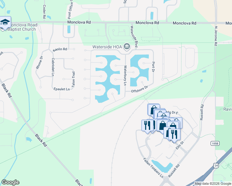 map of restaurants, bars, coffee shops, grocery stores, and more near 7242 Compass Point Court in Maumee