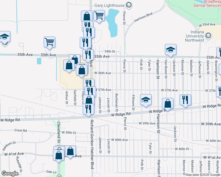 map of restaurants, bars, coffee shops, grocery stores, and more near 3688 Buchanan Street in Gary