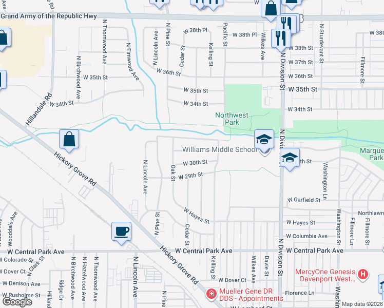 map of restaurants, bars, coffee shops, grocery stores, and more near 2207 West 31st Street in Davenport