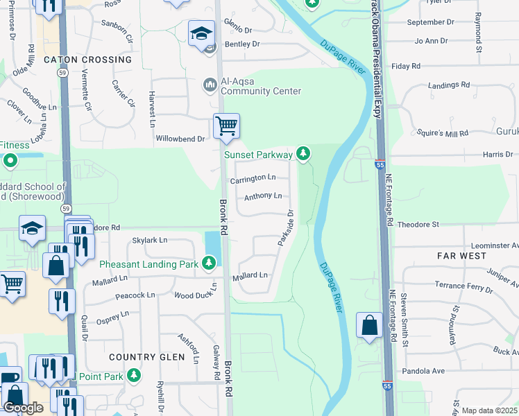 map of restaurants, bars, coffee shops, grocery stores, and more near 4303 Ashcott Lane in Plainfield