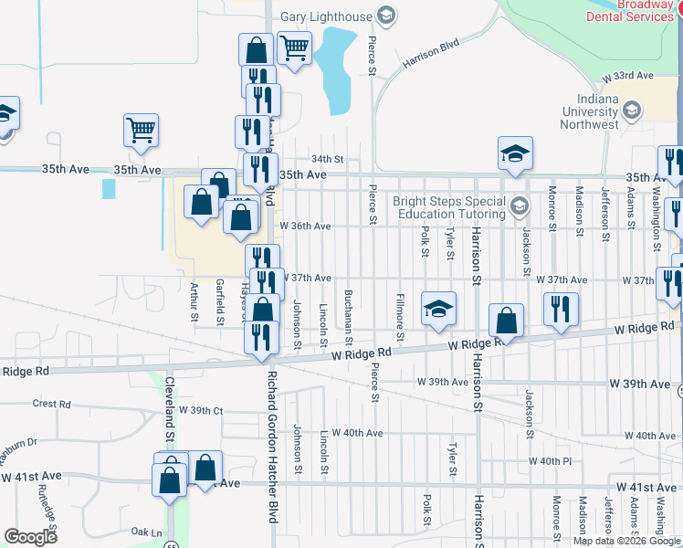 map of restaurants, bars, coffee shops, grocery stores, and more near 3688 Buchanan Street in Gary
