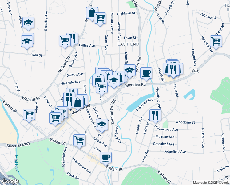 map of restaurants, bars, coffee shops, grocery stores, and more near 313 Meriden Road in Waterbury