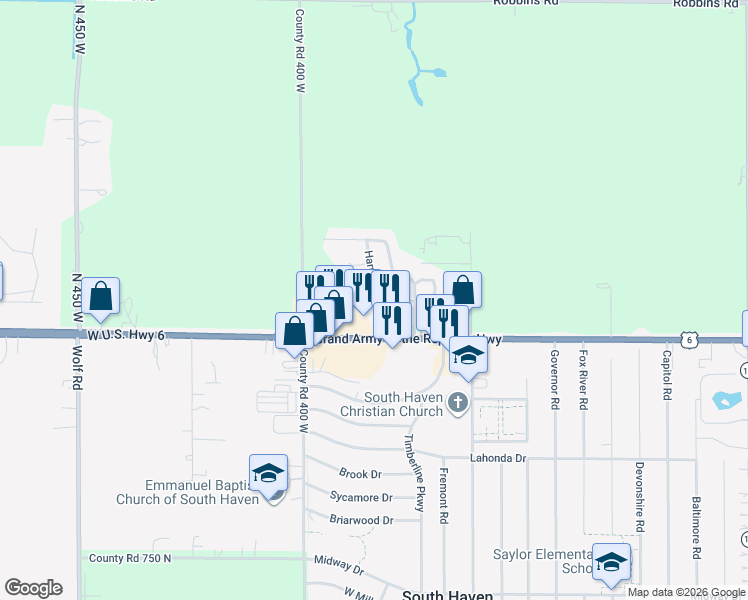 map of restaurants, bars, coffee shops, grocery stores, and more near 153 Harmony Court in Valparaiso