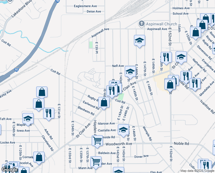 map of restaurants, bars, coffee shops, grocery stores, and more near 1013 East 140th Street in Cleveland