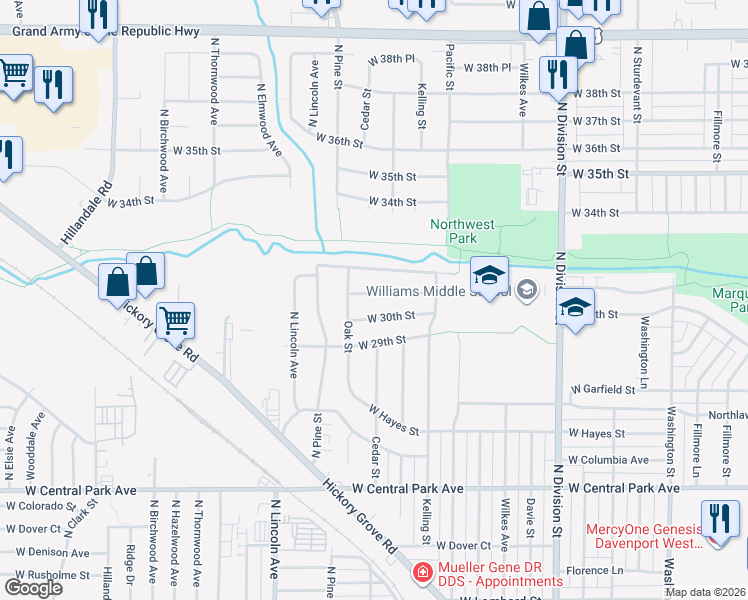 map of restaurants, bars, coffee shops, grocery stores, and more near 2207 West 31st Street in Davenport
