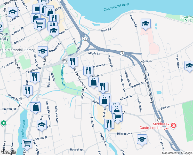 map of restaurants, bars, coffee shops, grocery stores, and more near 10 Silver Street in Middletown