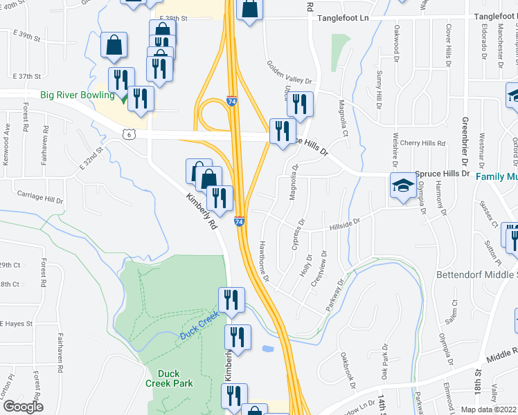 map of restaurants, bars, coffee shops, grocery stores, and more near 810 Hillside Drive in Bettendorf