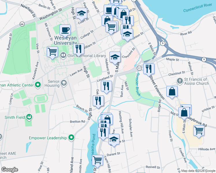 map of restaurants, bars, coffee shops, grocery stores, and more near 5 Glynn Avenue in Middletown