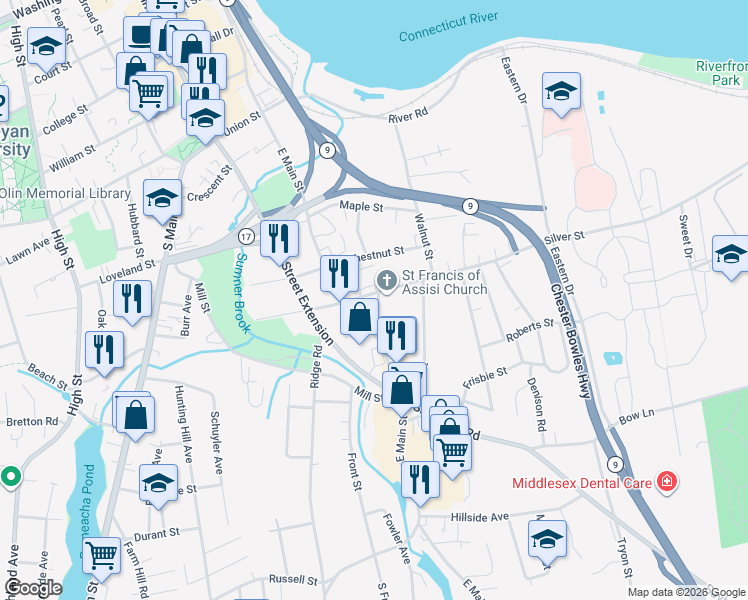map of restaurants, bars, coffee shops, grocery stores, and more near 12 Silver Street in Middletown
