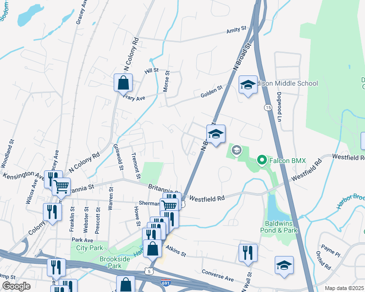 map of restaurants, bars, coffee shops, grocery stores, and more near 300 Britannia Street in Meriden
