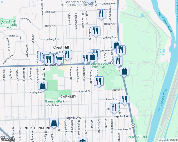 map of restaurants, bars, coffee shops, grocery stores, and more near 1515 Dearborn St in Joliet