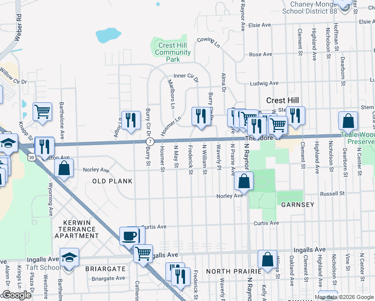 map of restaurants, bars, coffee shops, grocery stores, and more near 1517 Frederick Street in Joliet