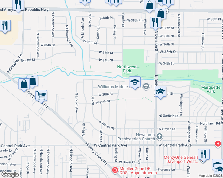 map of restaurants, bars, coffee shops, grocery stores, and more near 2135 W 31st St in Davenport