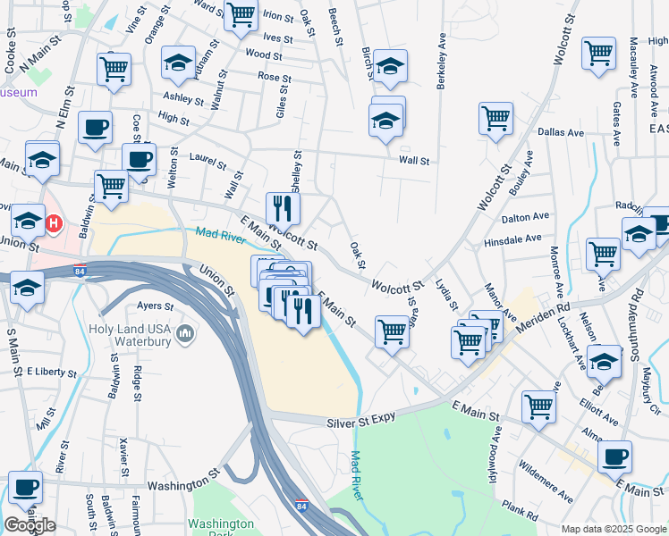 map of restaurants, bars, coffee shops, grocery stores, and more near 152 Wolcott Street in Waterbury
