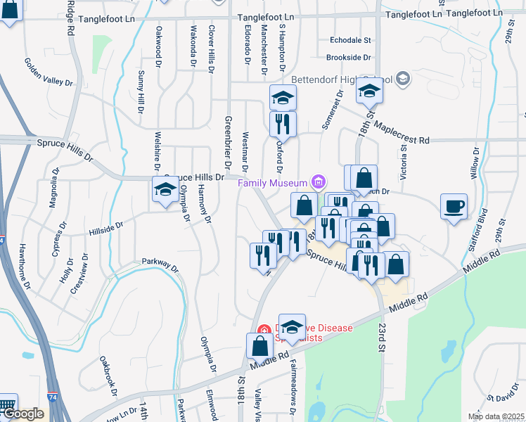 map of restaurants, bars, coffee shops, grocery stores, and more near 1917 Spruce Hills Drive in Bettendorf