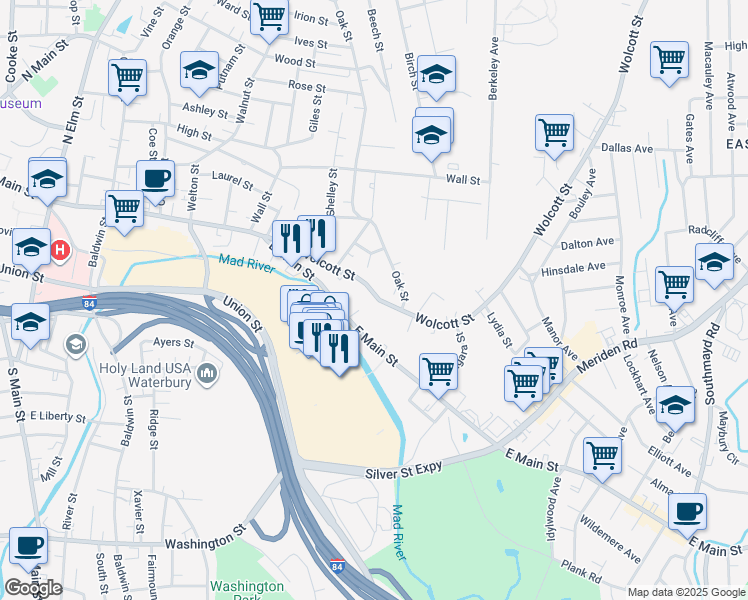 map of restaurants, bars, coffee shops, grocery stores, and more near 152 Wolcott Street in Waterbury