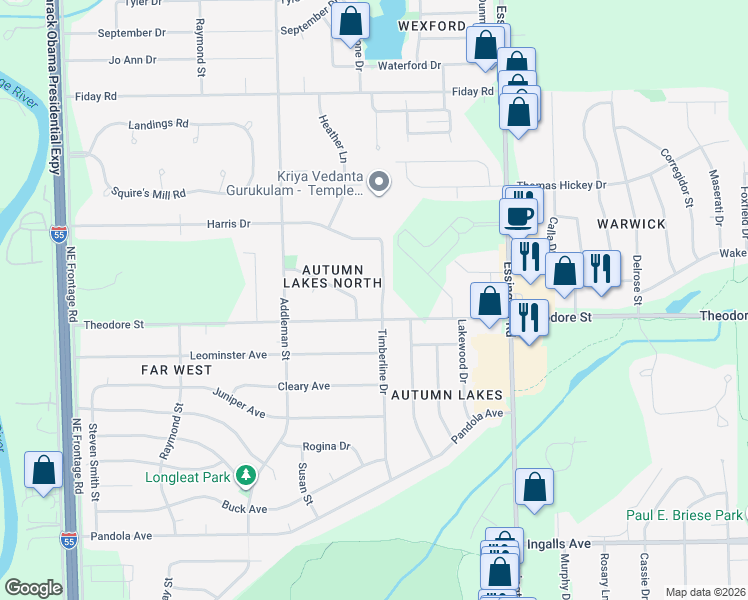 map of restaurants, bars, coffee shops, grocery stores, and more near 1607 Timberline Drive in Joliet