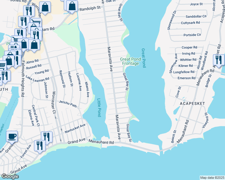 map of restaurants, bars, coffee shops, grocery stores, and more near 324 Maravista Avenue in Falmouth