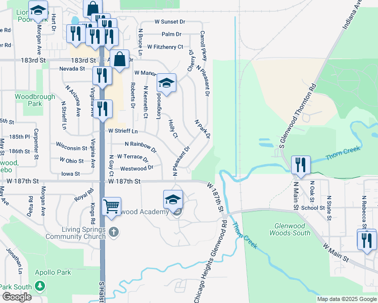 map of restaurants, bars, coffee shops, grocery stores, and more near 305 North Pleasant Drive in Glenwood