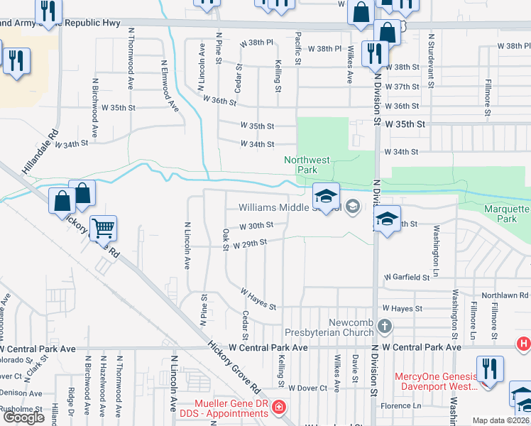 map of restaurants, bars, coffee shops, grocery stores, and more near 2135 West 31st Street in Davenport
