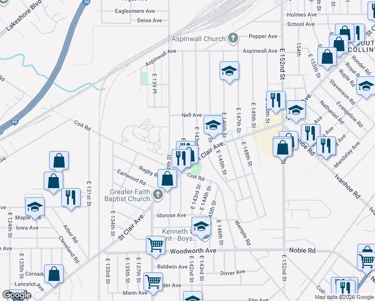 map of restaurants, bars, coffee shops, grocery stores, and more near 1019 E 141st St in Cleveland