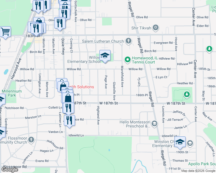 map of restaurants, bars, coffee shops, grocery stores, and more near 18625 Page Avenue in Homewood